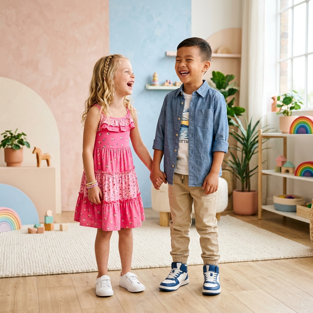 Crianças felizes com roupas estilosas da ConFê Kids Catanduva